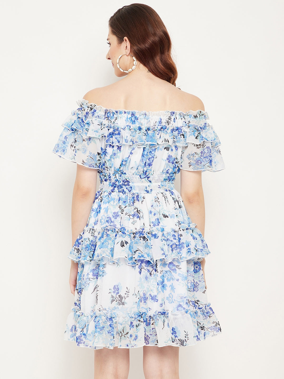 White & Blue Floral Off-Shoulder Georgette Dress