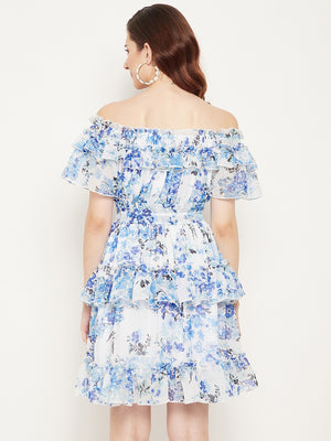 White & Blue Floral Off-Shoulder Georgette Dress