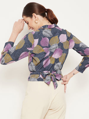 Navy Blue Floral Print Crepe Wrap Top