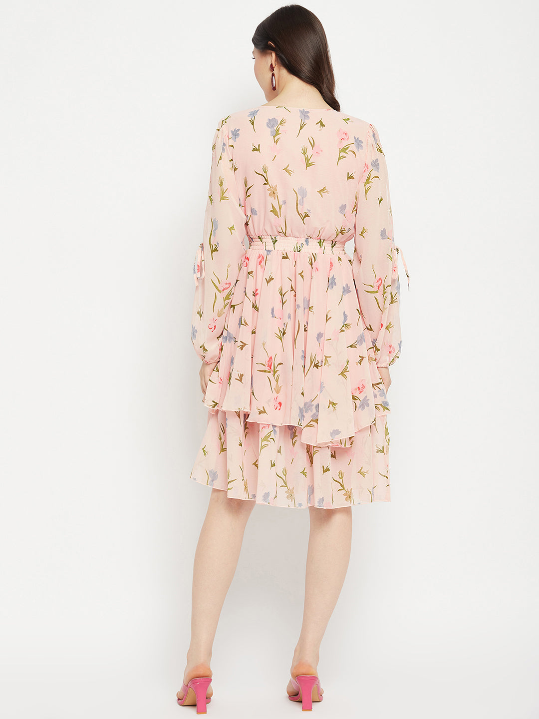 Floral Printed Puff Sleeves Fringed Layered Fit & Flare Dress