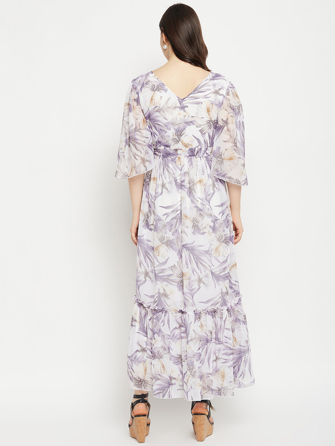 Floral Printed V-Neck Flared Sleeves Tie-Up Detailed Fit & Flare Maxi Dress