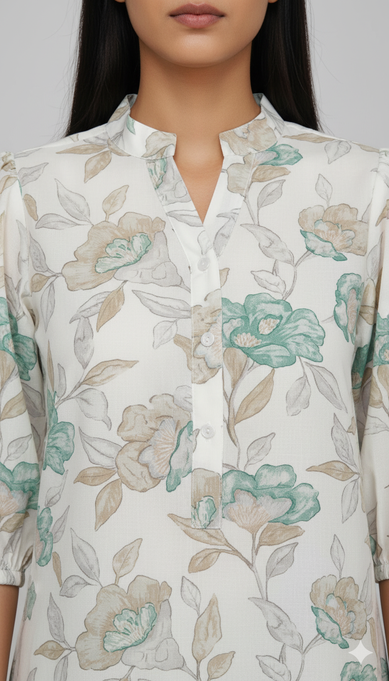 Women Floral Printed Mandarin Collar Puff Sleeve Top