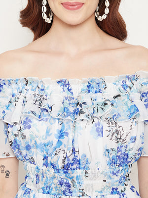 White & Blue Floral Off-Shoulder Georgette Dress