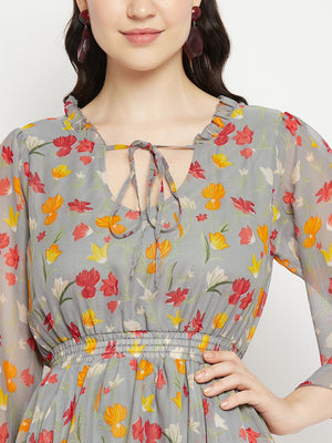 Floral Printed Tie-Up Neck Layered Fit & Flare Dress