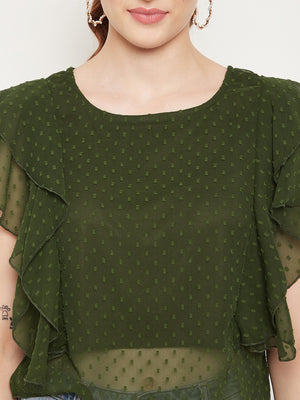 Women Olive Green Self Design Ruffles Georgette Top