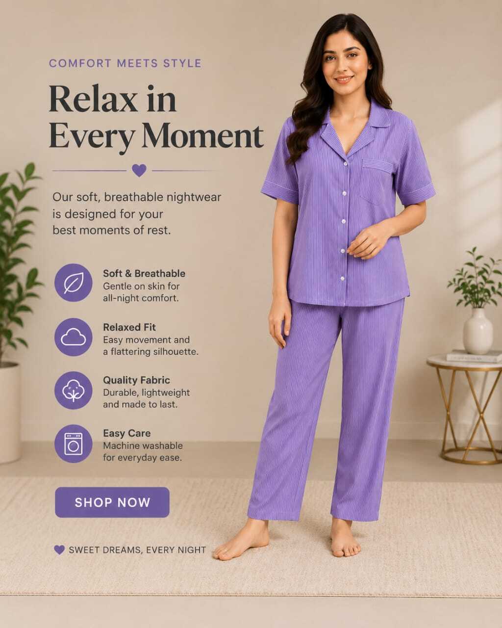 Women Purple Striped Cotton Night Suit Set