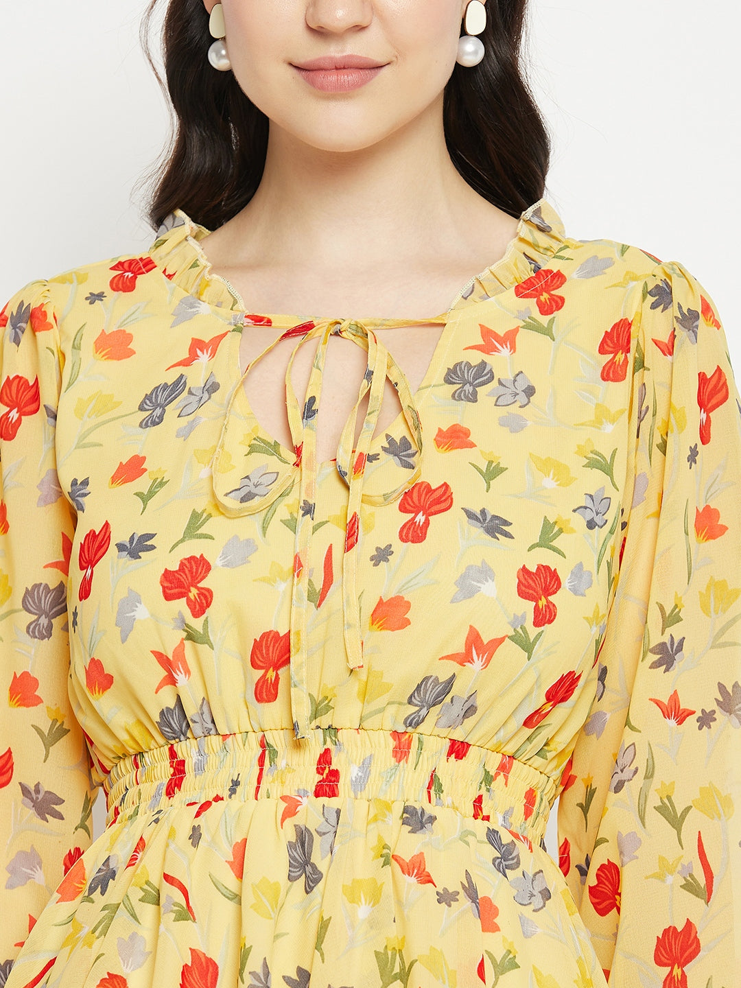 Floral Printed Tie-Up Neck Layered Fit & Flare Dress