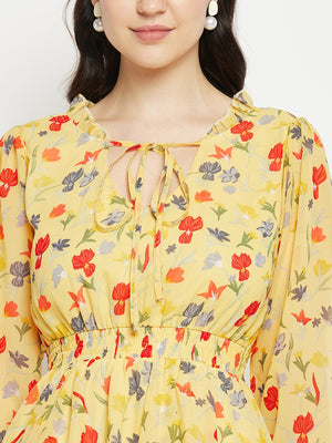 Floral Printed Tie-Up Neck Layered Fit & Flare Dress