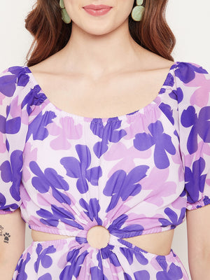 Purple Floral Off-Shoulder Georgette Dress