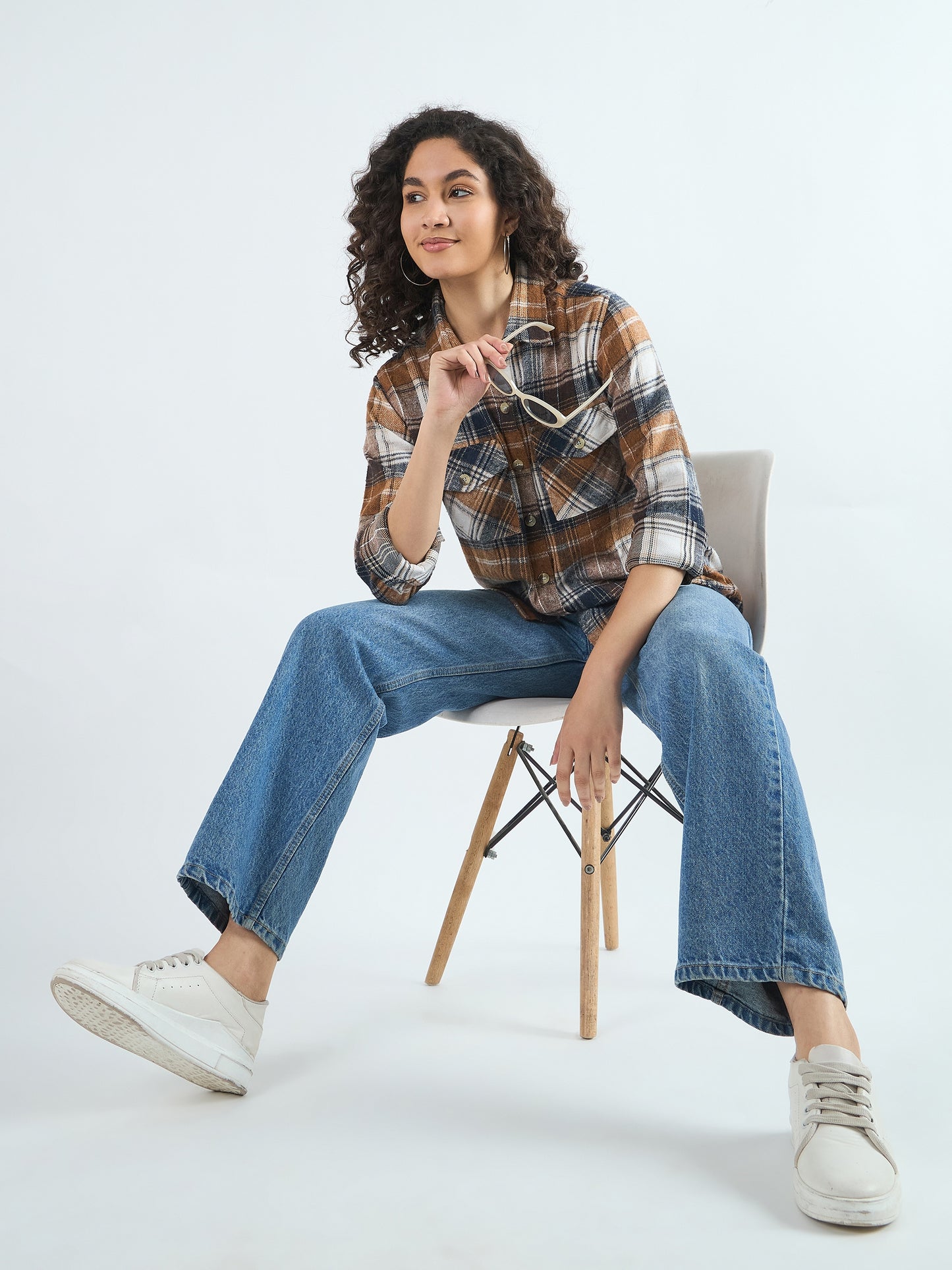 Blue Checked Casual Cotton Shirtshirts for women