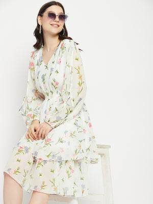 V Neck Floral Print Slit Sleeve Layered Georgette Fit & Flare Dress