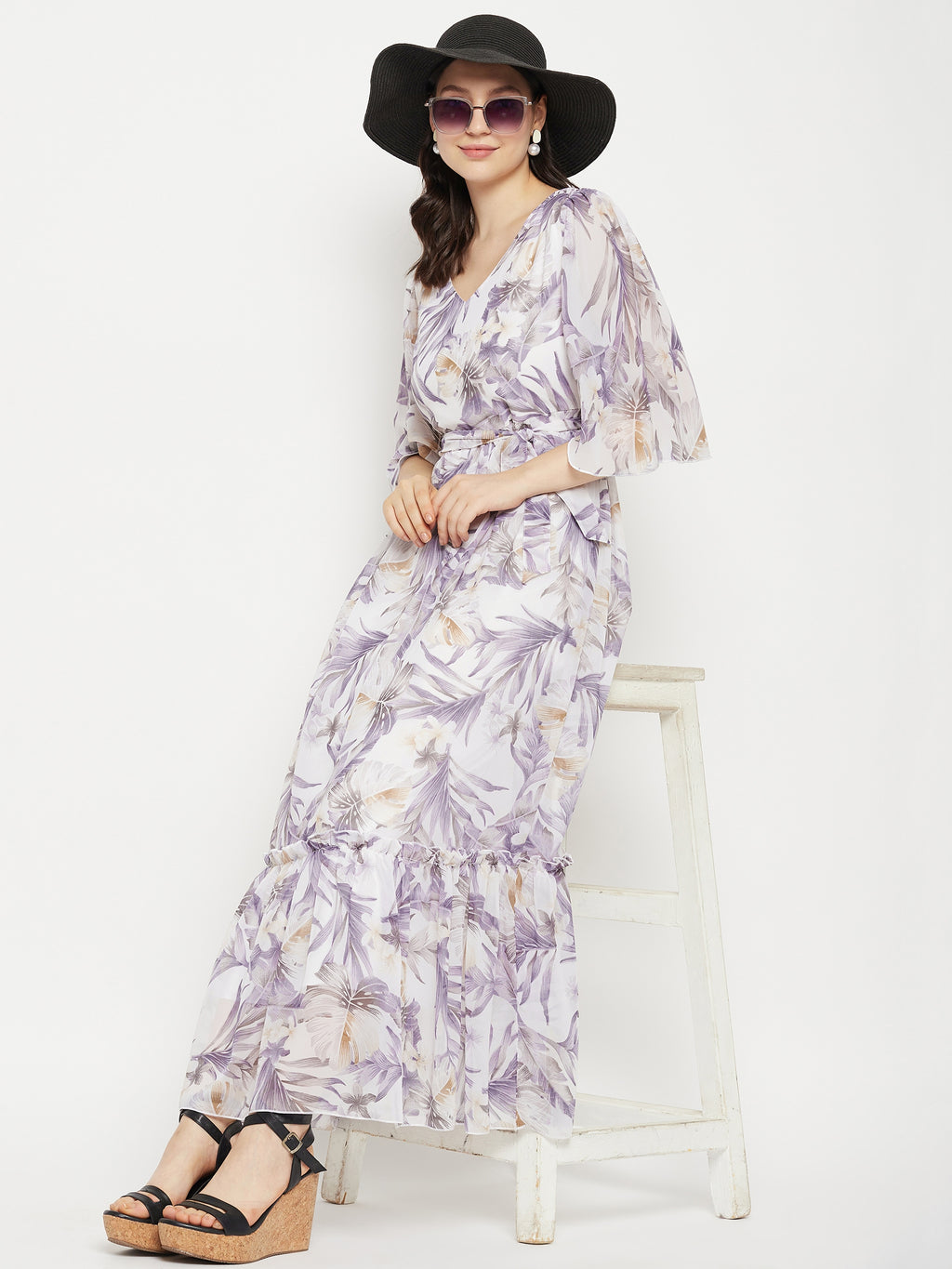 Floral Printed V-Neck Flared Sleeves Tie-Up Detailed Fit & Flare Maxi Dress