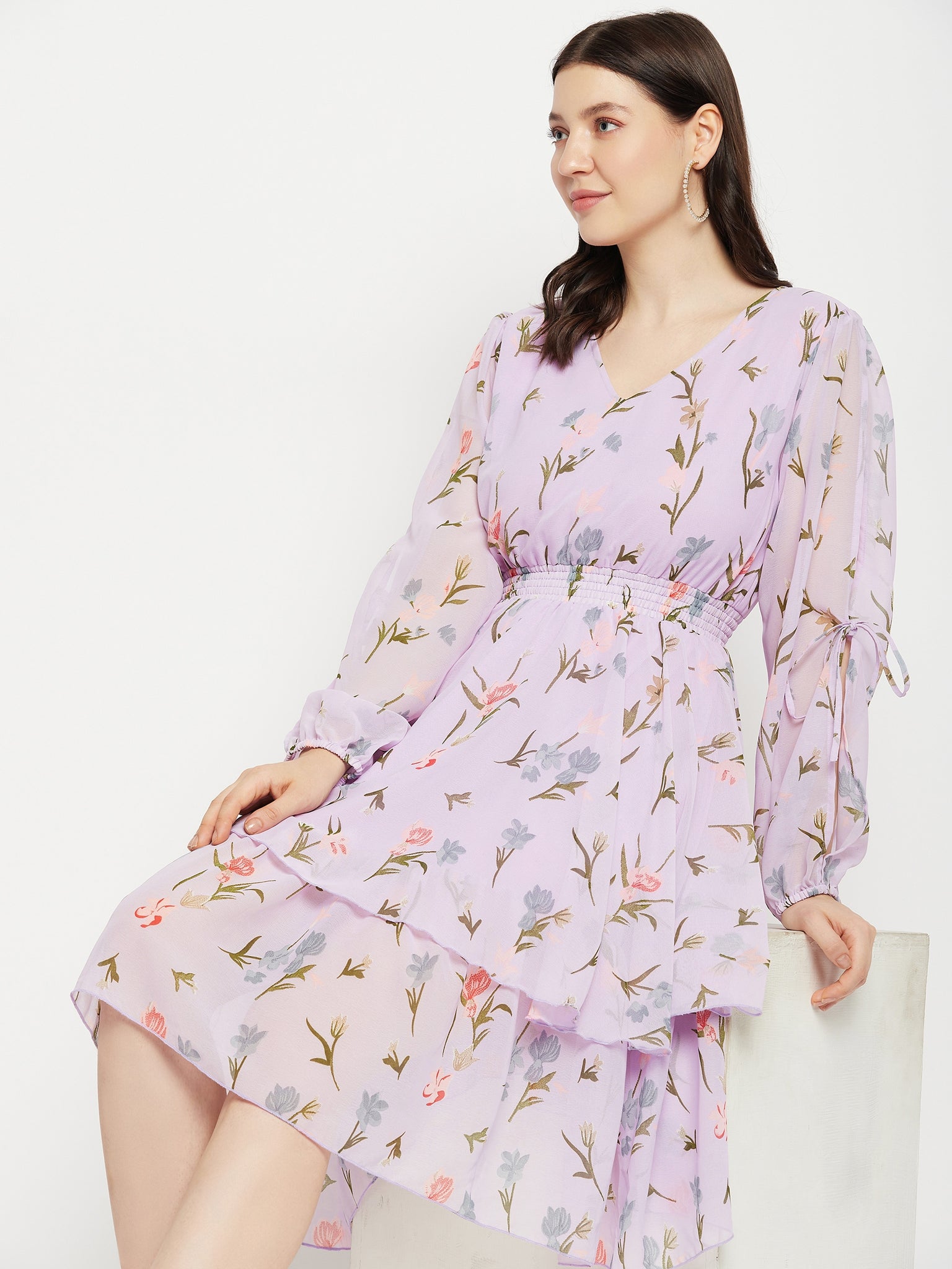 Floral Printed Puff Sleeves Fringed Layered Fit & Flare Dress