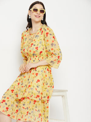 Floral Printed Tie-Up Neck Layered Fit & Flare Dress