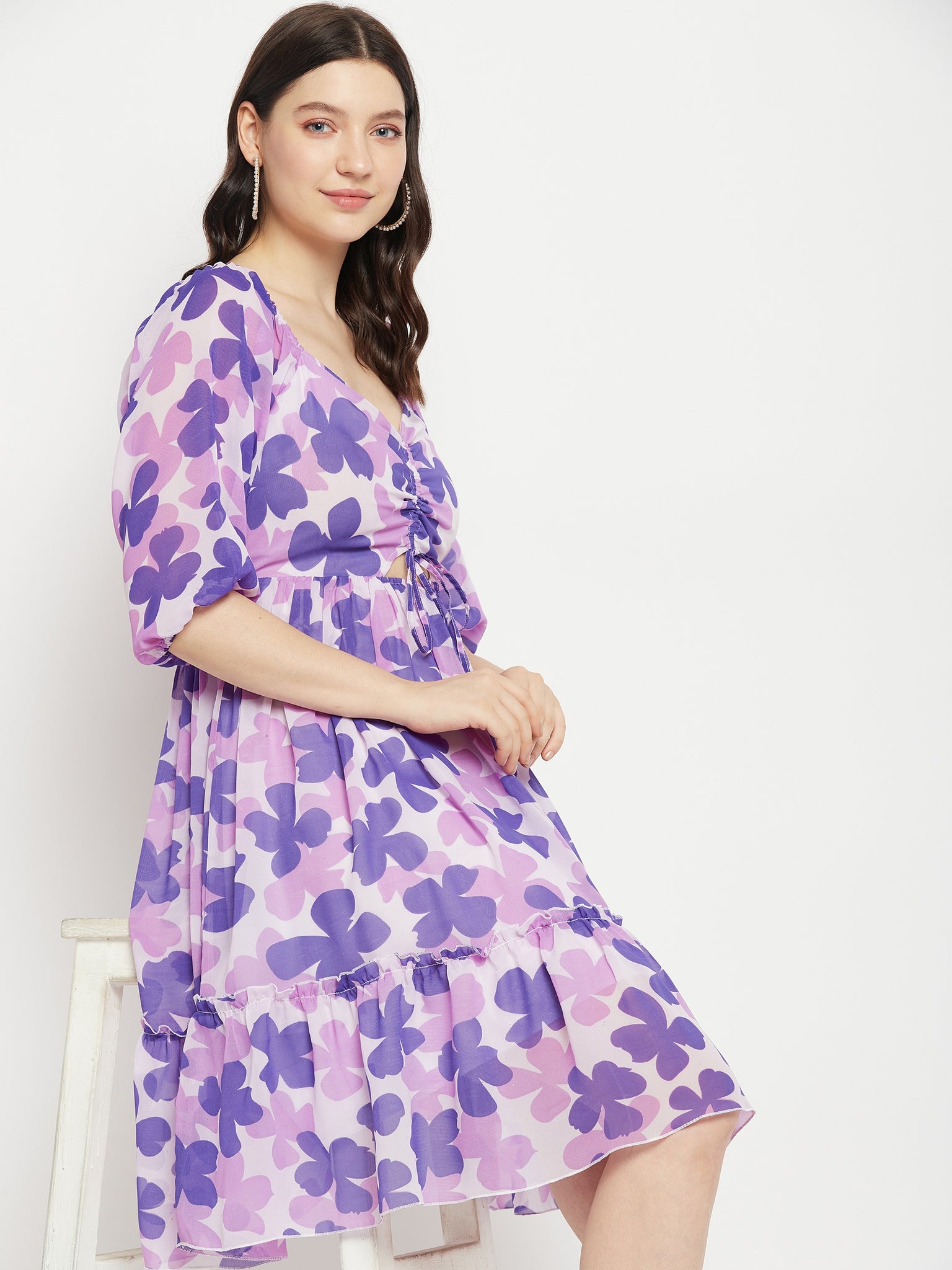 Floral Printed Tie-Ups Detail Georgette Fit & Flare Dress