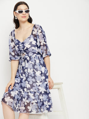 Floral Printed Tie-Ups Detail Georgette Fit & Flare Dress