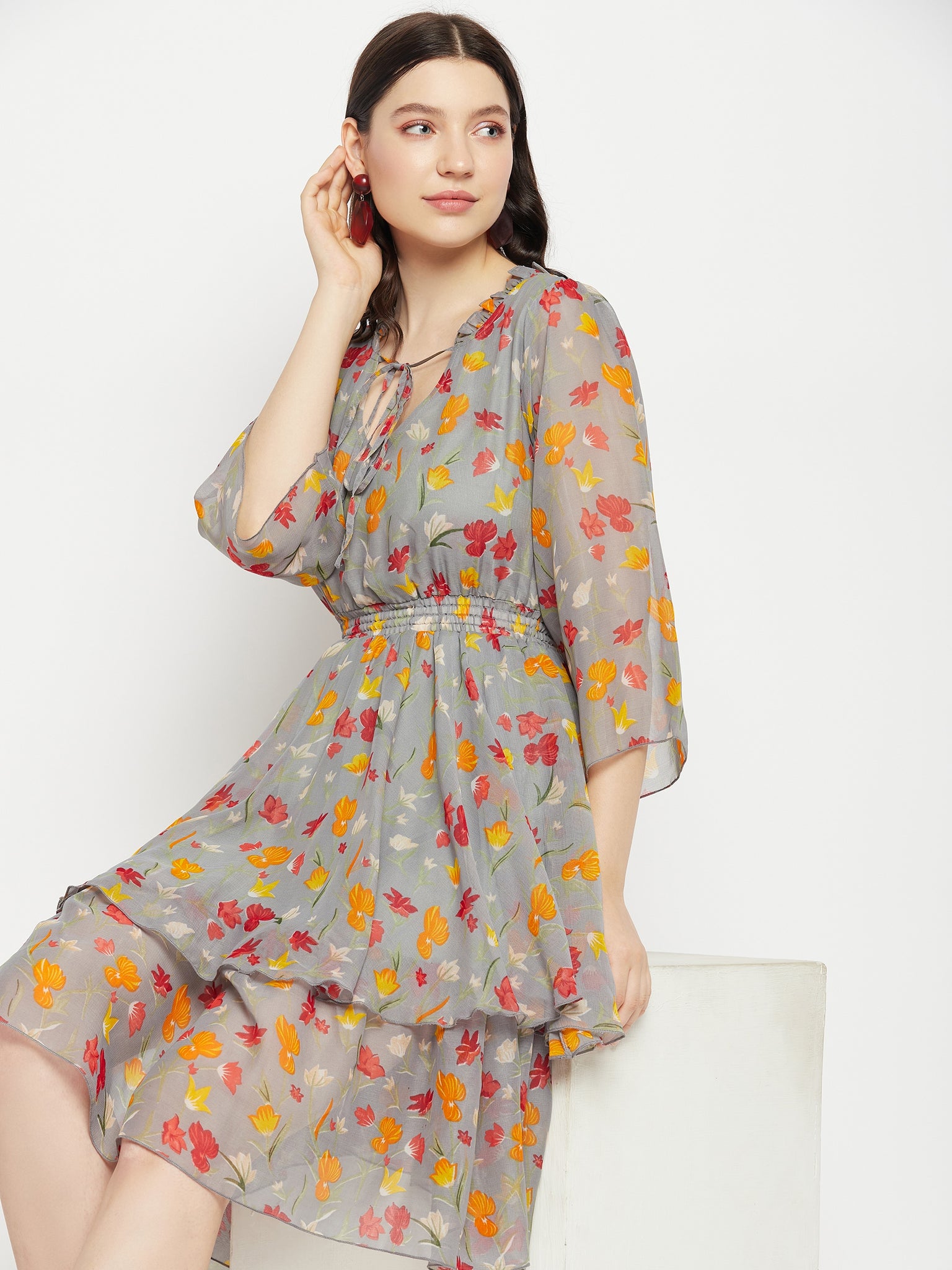 Floral Printed Tie-Up Neck Layered Fit & Flare Dress