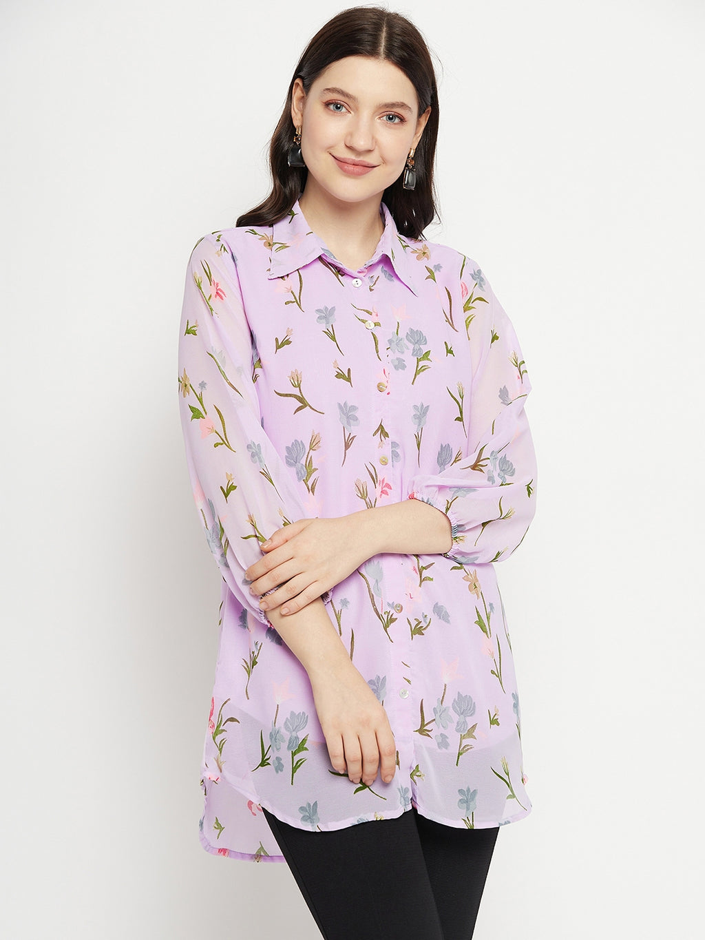 Casual Puff Sleeves Printed Women Purple Top