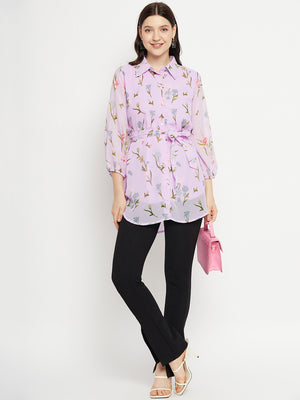 Casual Puff Sleeves Printed Women Purple Top