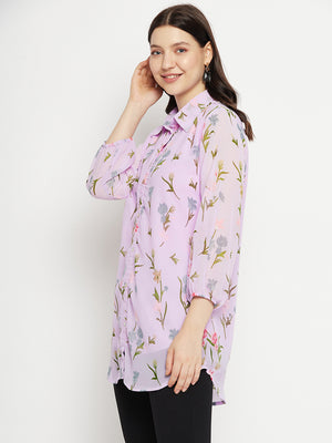 Casual Puff Sleeves Printed Women Purple Top