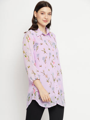 Casual Puff Sleeves Printed Women Purple Top