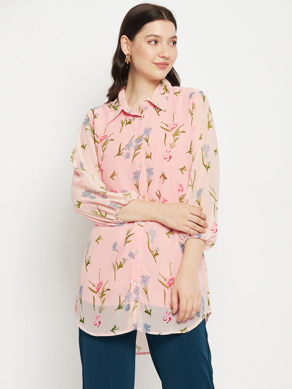 Casual Puff Sleeves Printed Women Pink Top