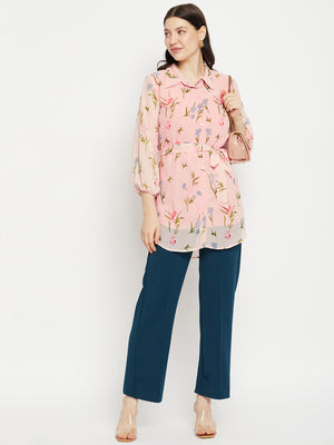 Casual Puff Sleeves Printed Women Pink Top