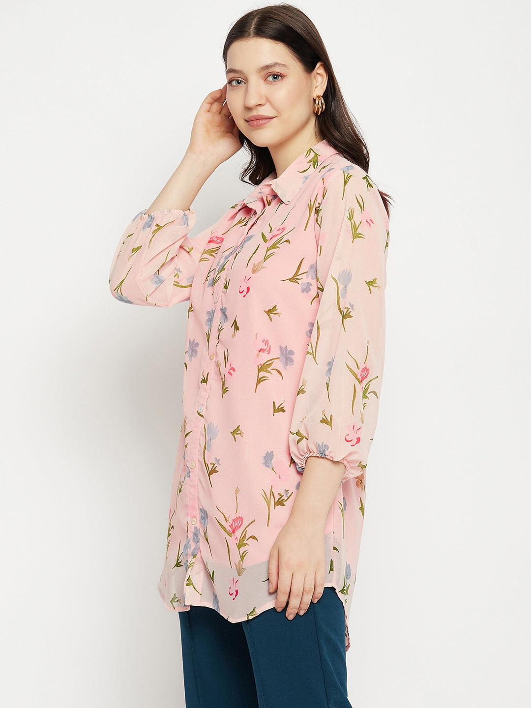 Casual Puff Sleeves Printed Women Pink Top