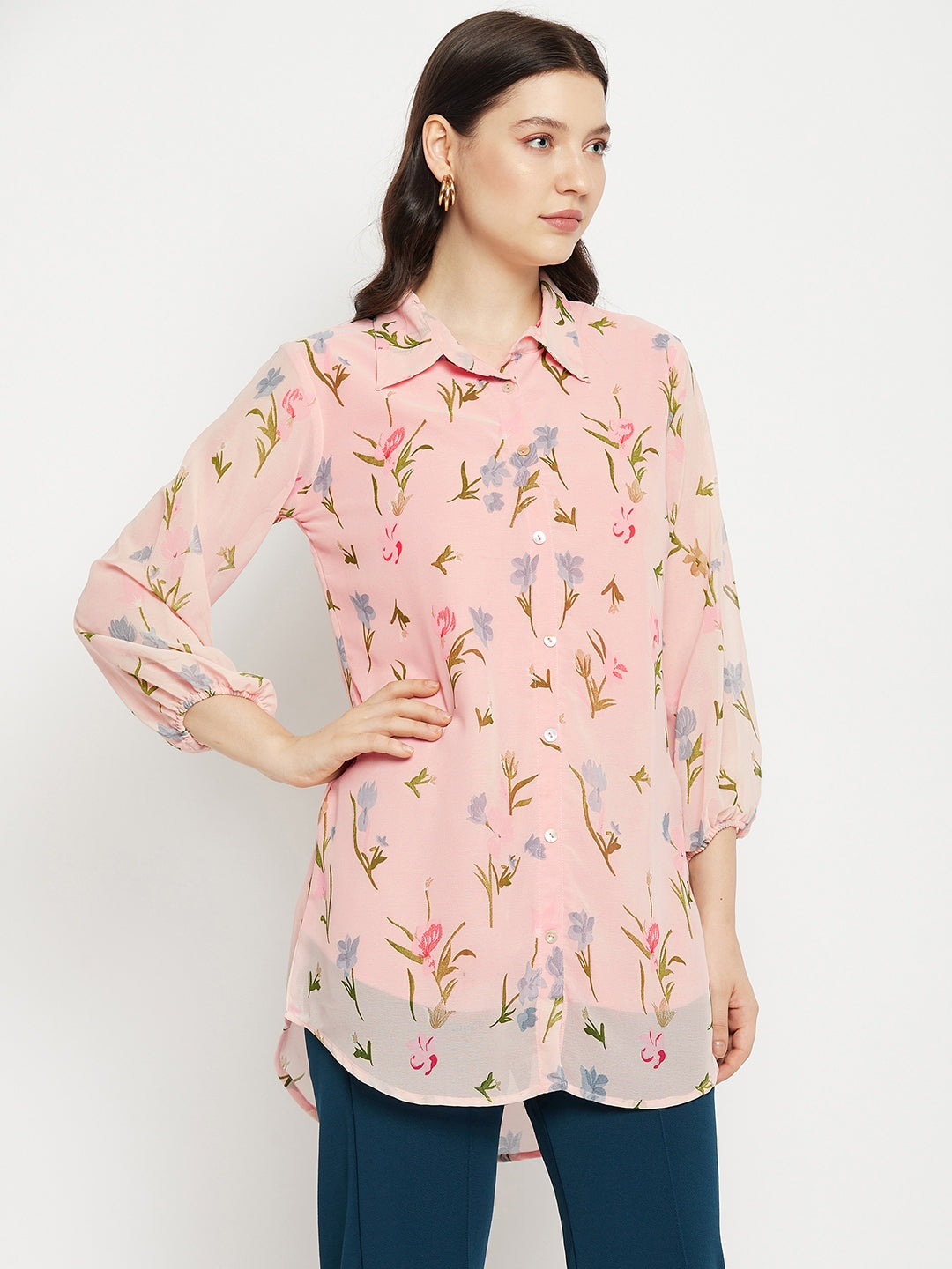 Casual Puff Sleeves Printed Women Pink Top