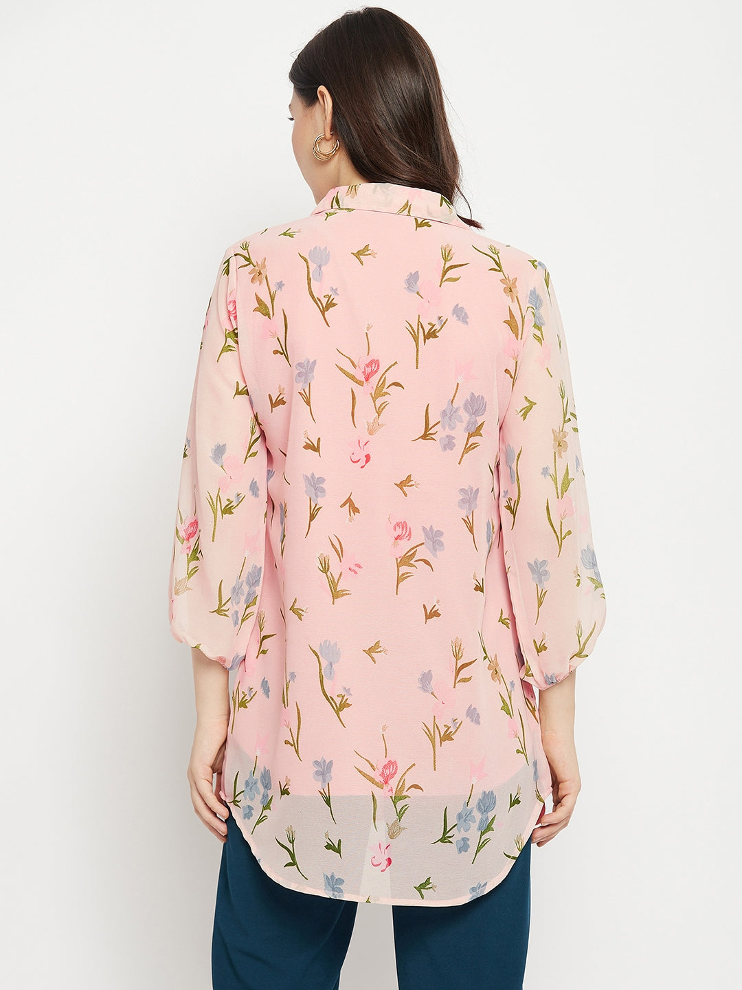 Casual Puff Sleeves Printed Women Pink Top