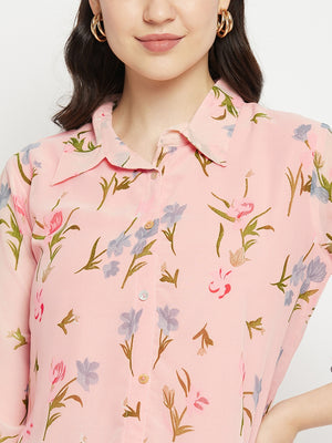 Casual Puff Sleeves Printed Women Pink Top