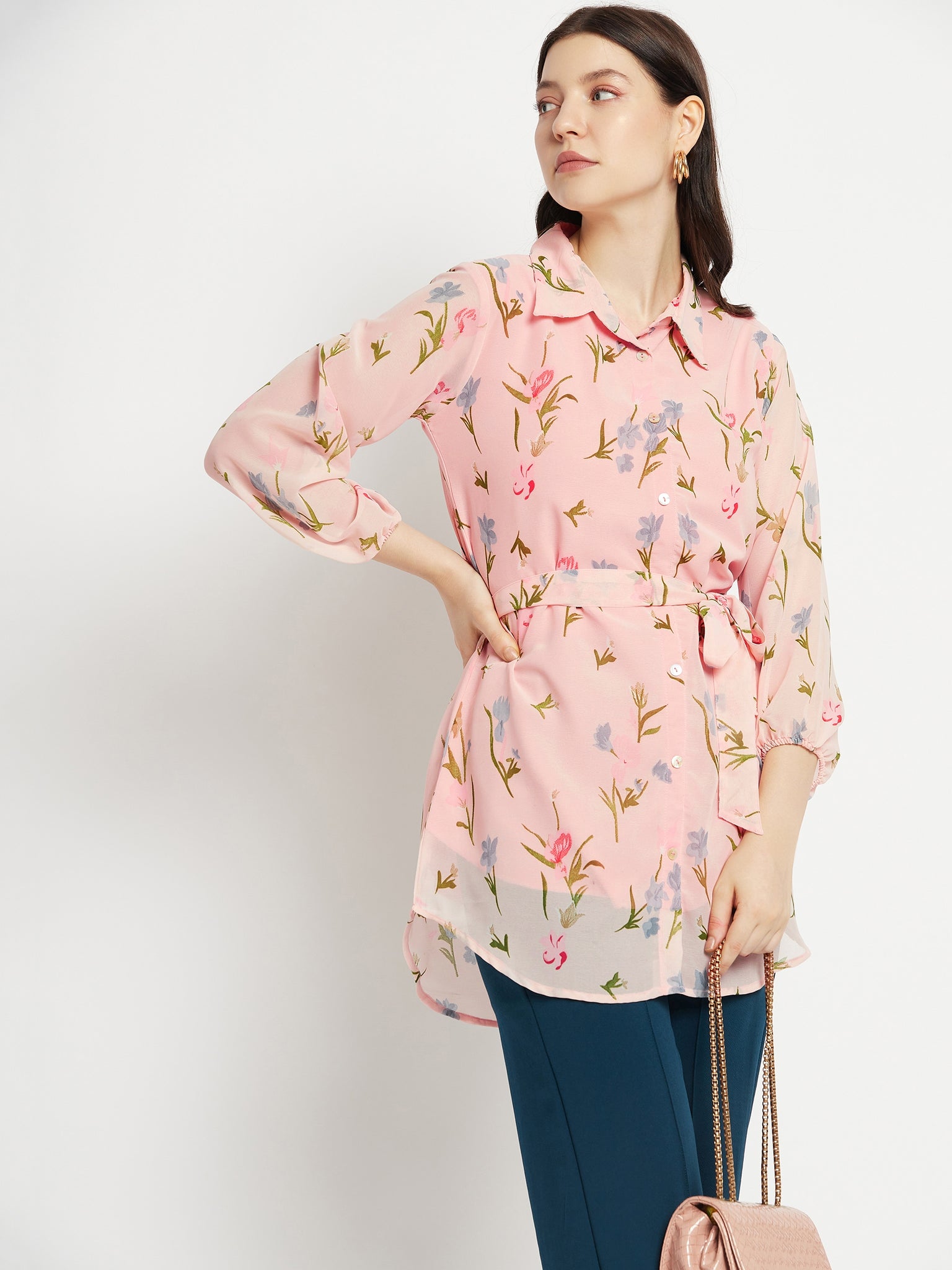 Casual Puff Sleeves Printed Women Pink Top