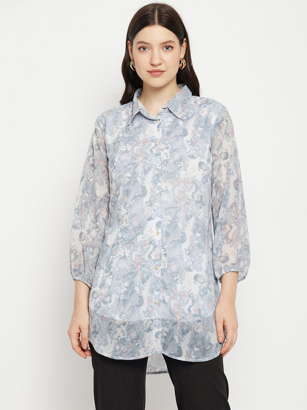 Casual Puff Sleeves Printed Women Blue, White Top