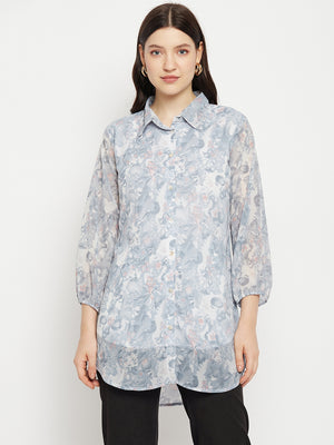 Casual Puff Sleeves Printed Women Blue, White Top