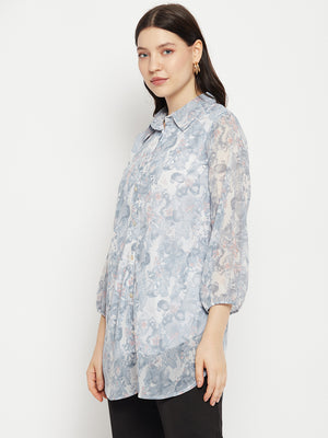 Casual Puff Sleeves Printed Women Blue, White Top