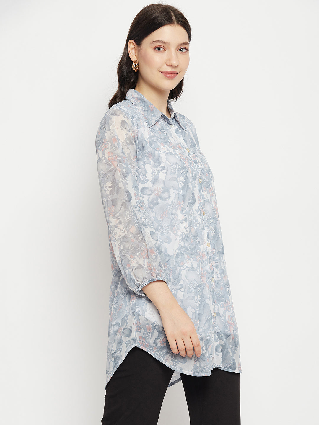 Casual Puff Sleeves Printed Women Blue, White Top