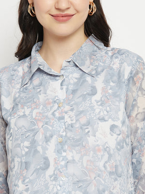 Casual Puff Sleeves Printed Women Blue, White Top