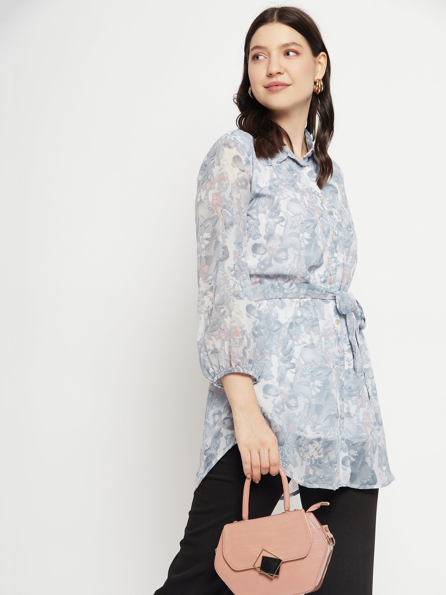 Casual Puff Sleeves Printed Women Blue, White Top