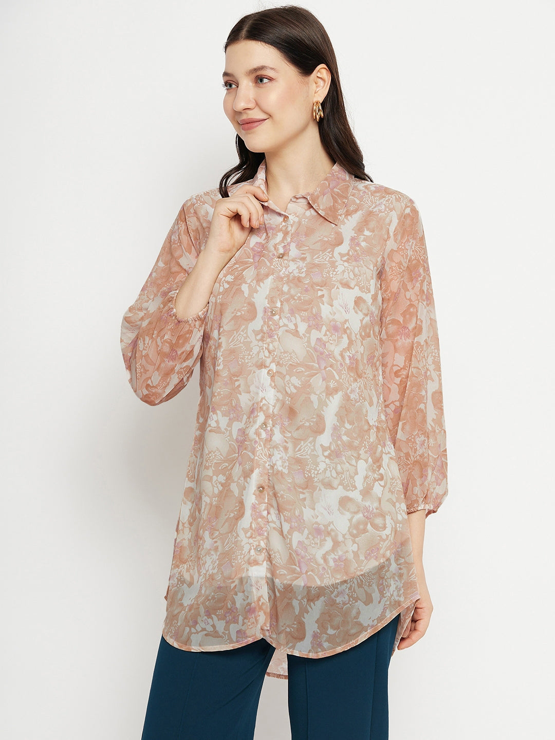 Casual Puff Sleeves Printed Women Pink Top