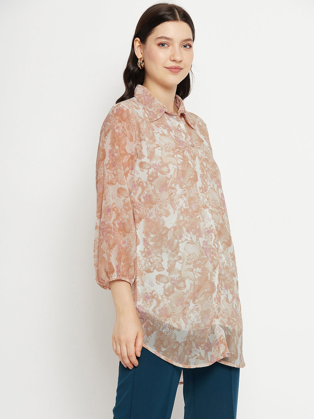 Casual Puff Sleeves Printed Women Pink Top