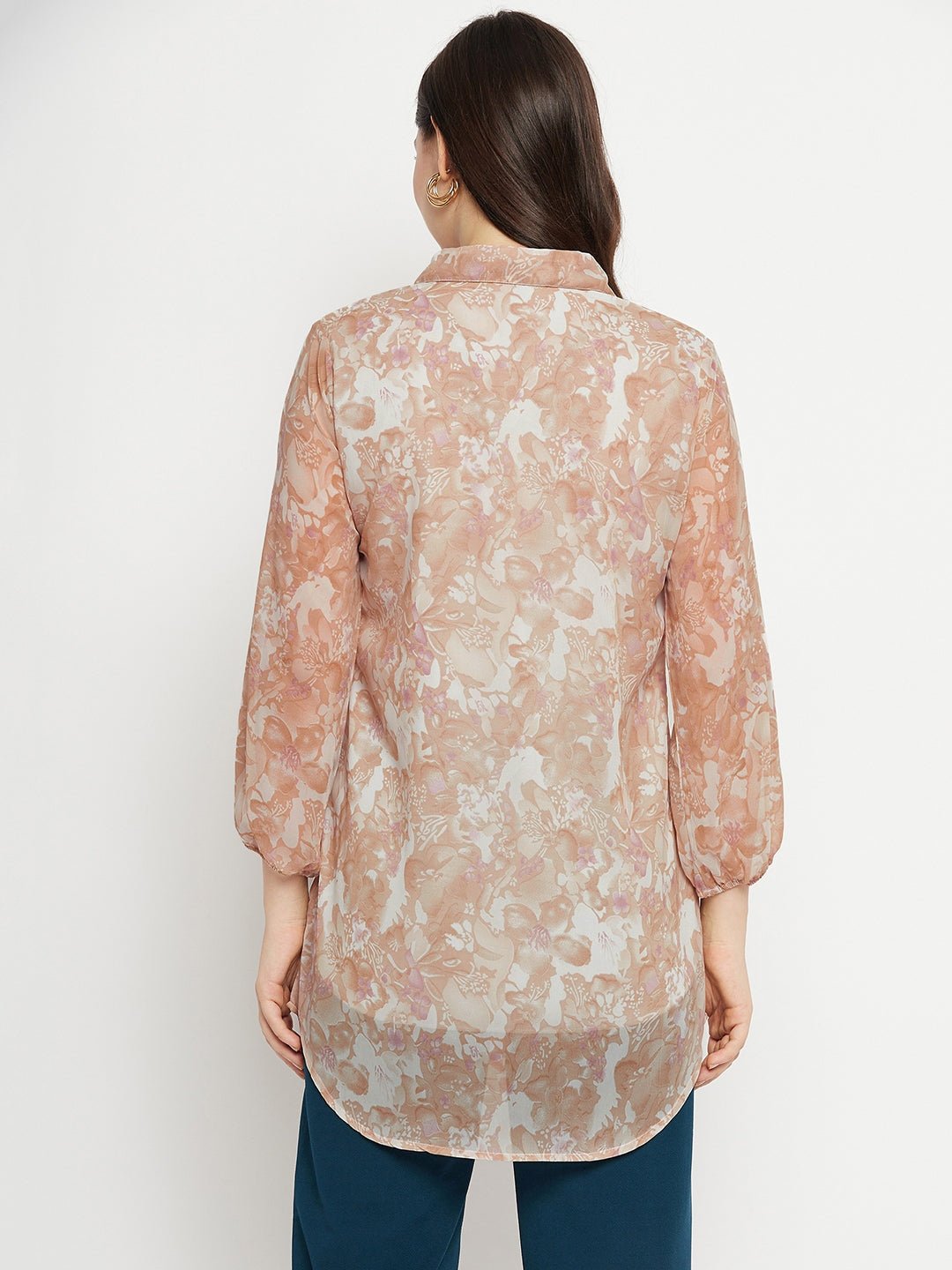 Casual Puff Sleeves Printed Women Pink Top