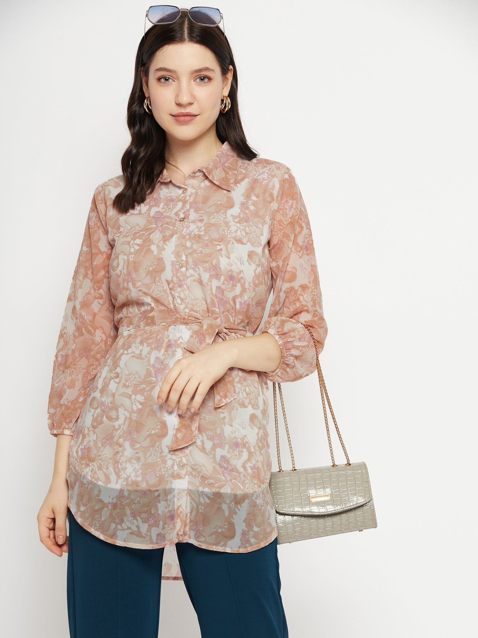 Casual Puff Sleeves Printed Women Pink Top