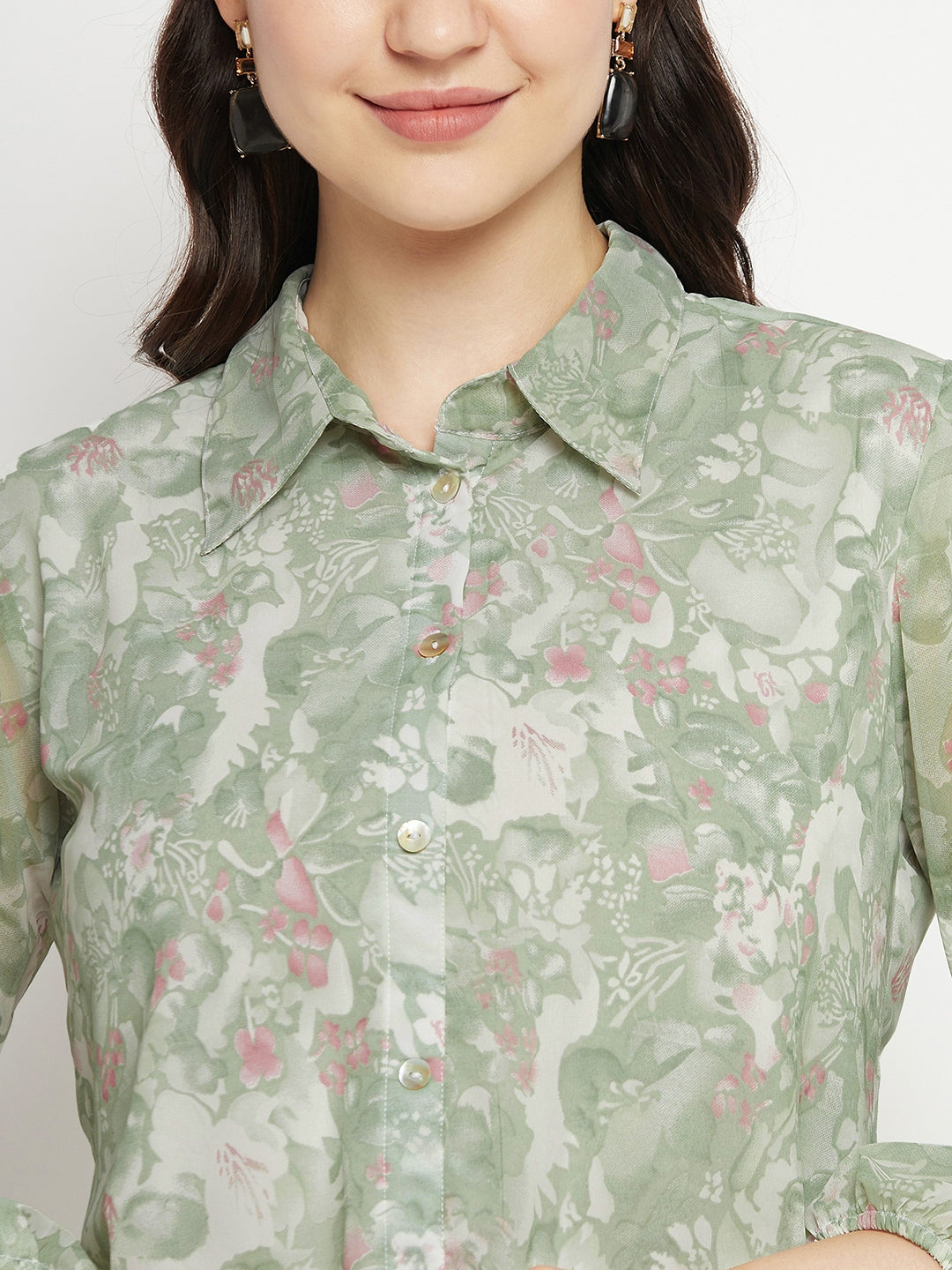 Casual Puff Sleeves Printed Women Green Top