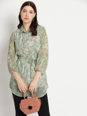 Casual Puff Sleeves Printed Women Green Top