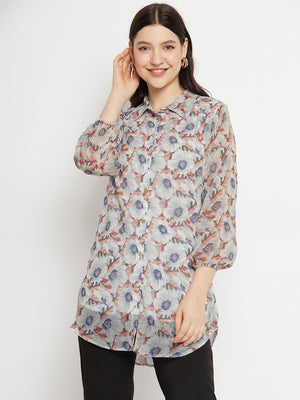 Casual Puff Sleeves Printed Women Grey Top