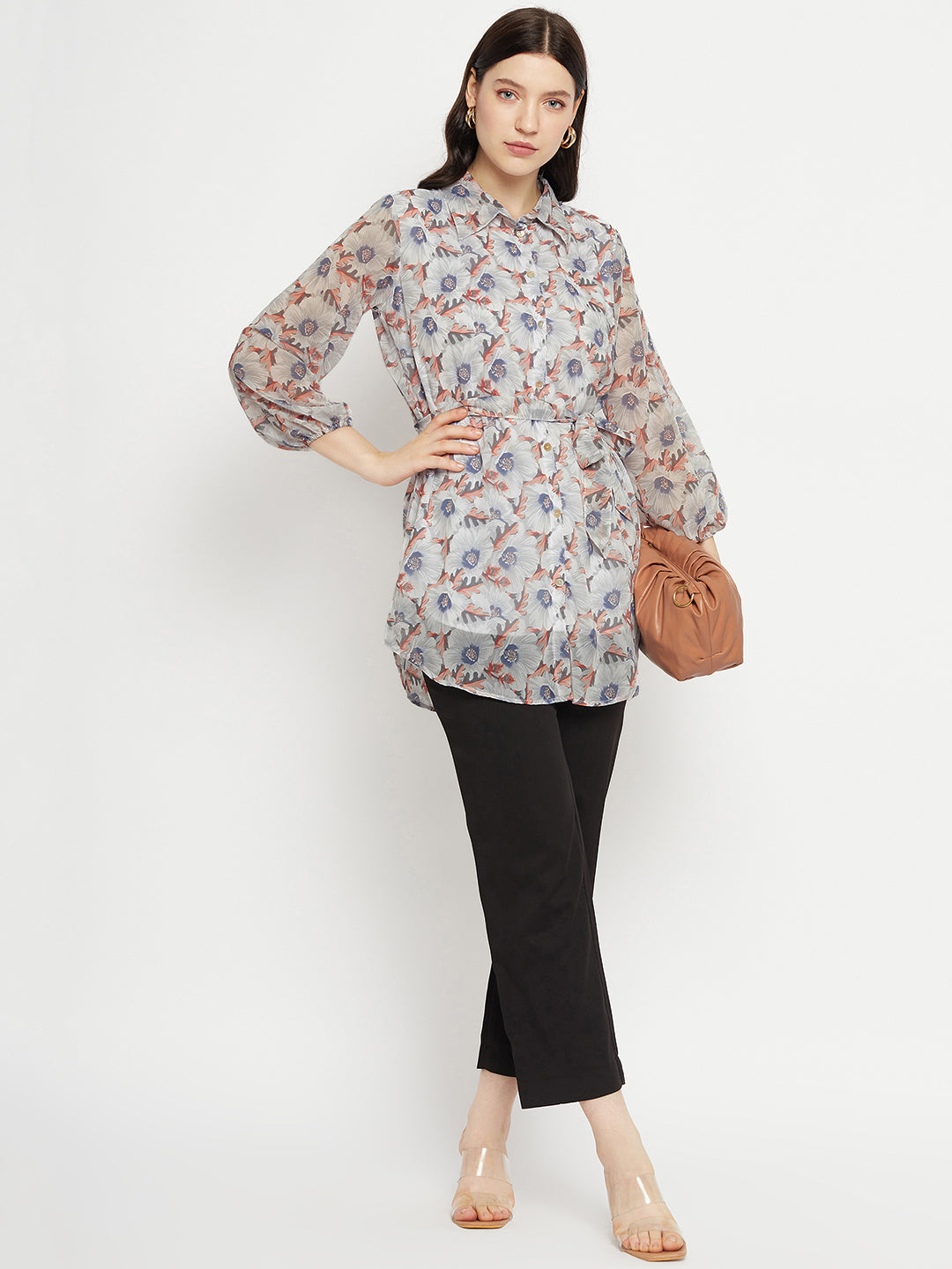 Casual Puff Sleeves Printed Women Grey Top