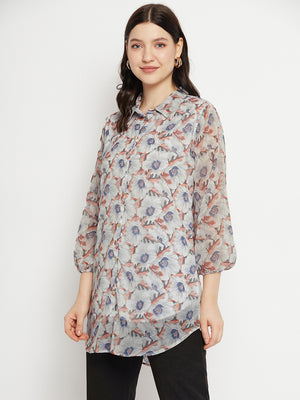 Casual Puff Sleeves Printed Women Grey Top