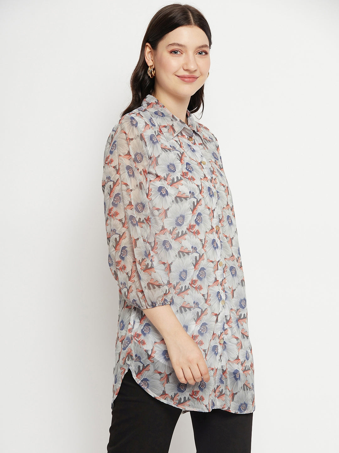 Casual Puff Sleeves Printed Women Grey Top