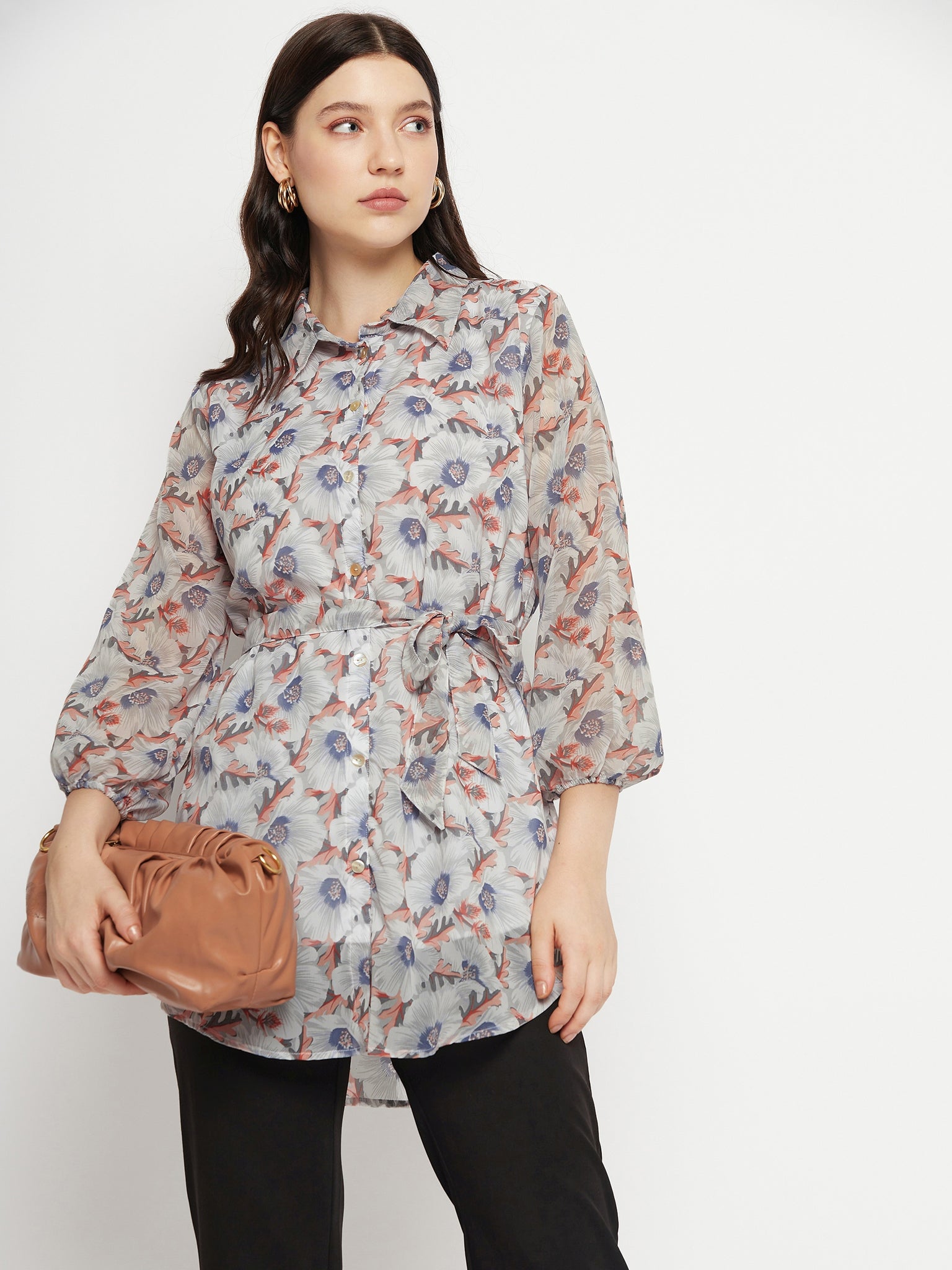 Casual Puff Sleeves Printed Women Grey Top