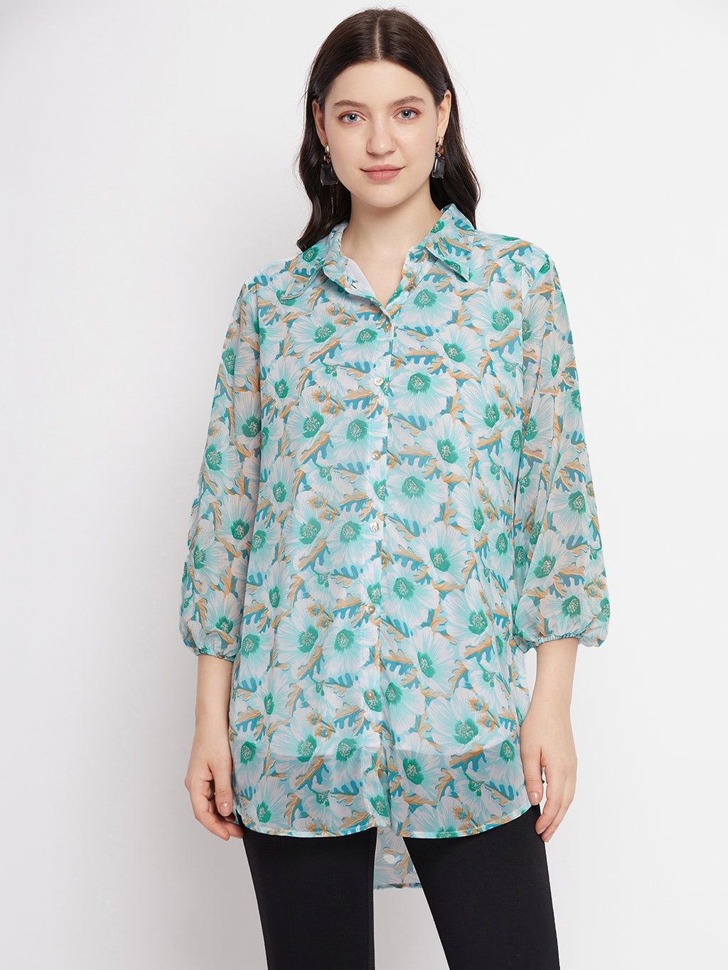 Casual Puff Sleeves Printed Women Blue Top